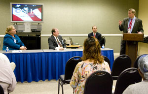 Jim Thornton, Director of Environmental, Health and Safety at Northrop Grumman Corporation and representing the American Shipbuilding Association, an Alliance Program participant, describing the maritime industry's unique regulatory requirements during his presentation at OSHA's Small Business Forum: "Safety and Health Issues in the Maritime Industry" held September 14, 2007 in Washington, DC. Terry Preston, Director of Safety, Environmental & Quality at Atlantic Marine, LLC in Mobile, AL, representing the 