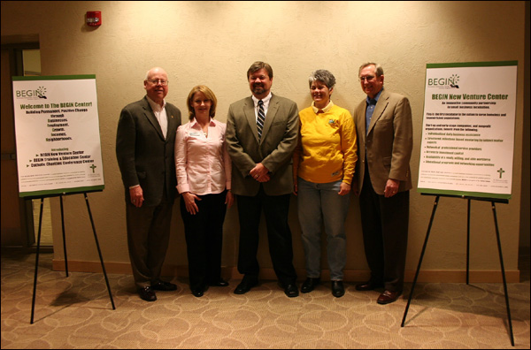 (L to R) Greg Vogelweid, Chief Operating Officer, St. Patrick Center; Nancy Box, Senior Director of Employment, St. Patrick Center; Bill McDonald, Area Director, OSHA; Cathey Allen, Co-Owner, A.U. Innovative Land Management; and Jan DeYoung, Director, BEGIN New Venture Center at the Alliance signing ceremony on April 9, 2009.