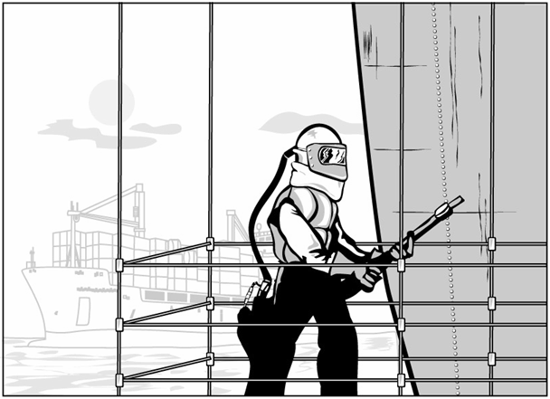 Sketch of a worker abrasive blasting