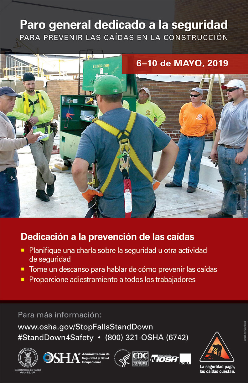 National Safety Stand-Down to Prevent Falls in Construction - May 6-10, 2019 Poster in Spanish