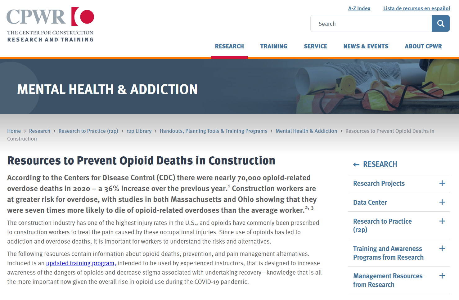 Resources to Prevent Opioid Deaths in Construction webpage screenshot
