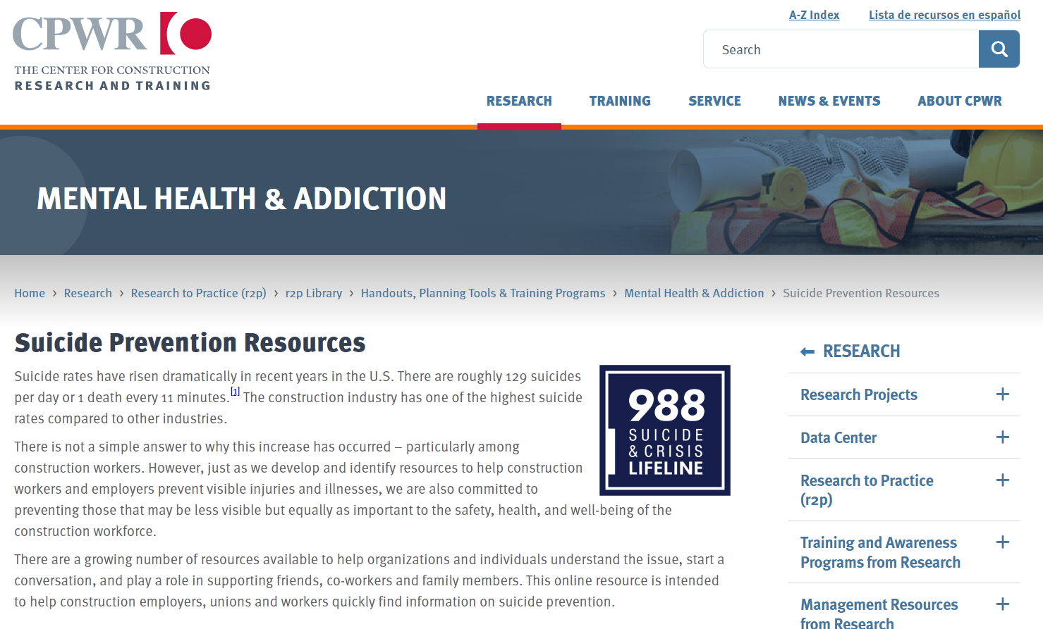 Suicide Prevention Resources webpage screenshot