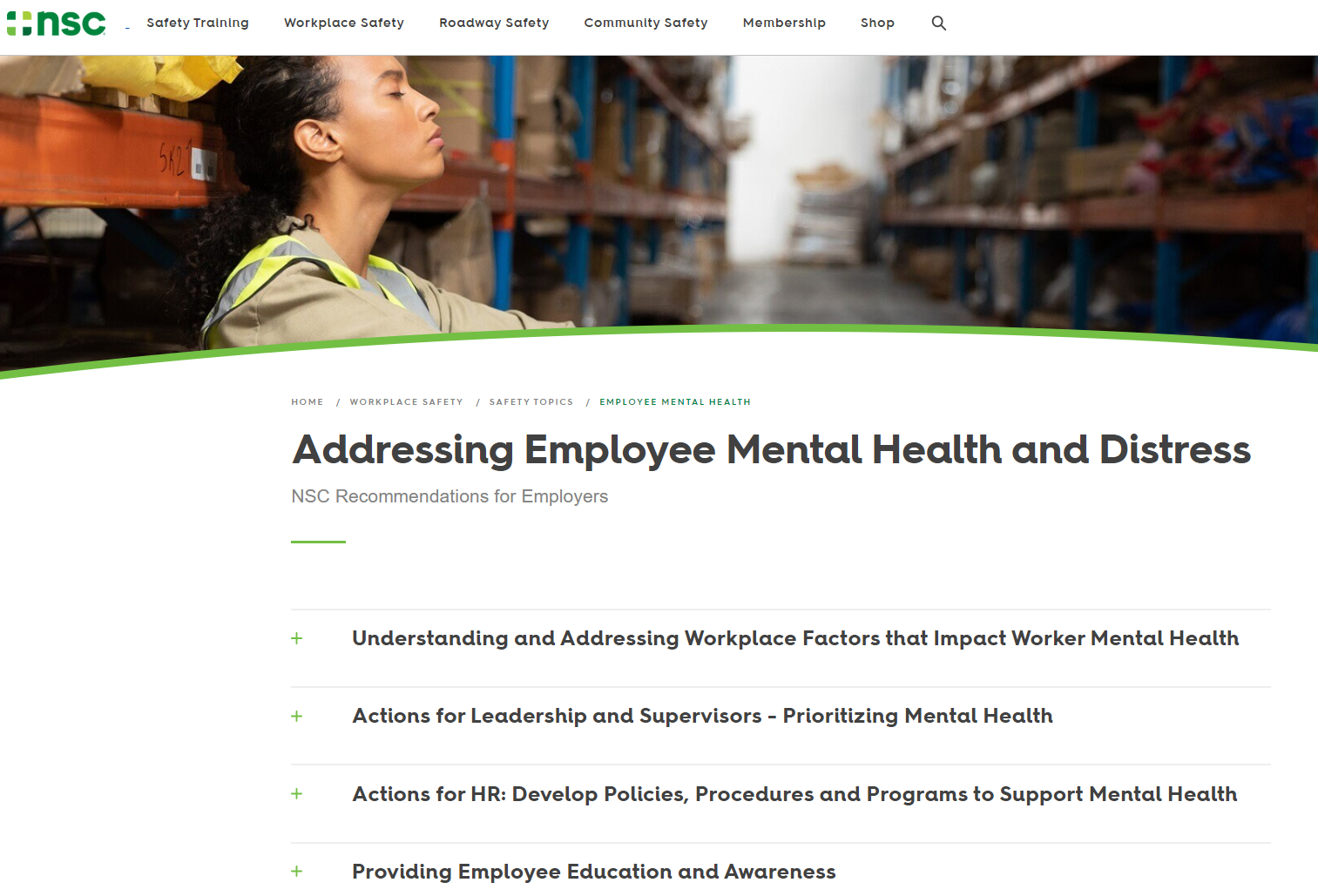 Addressing Employee Mental Health and Distress webpage screenshot