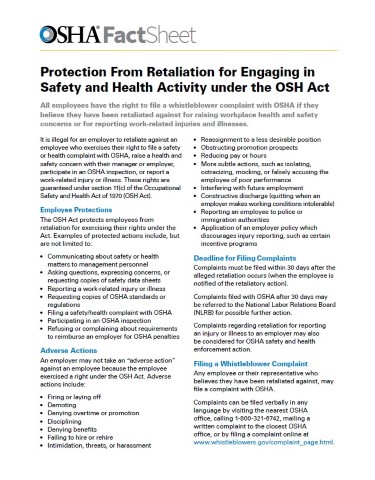 Whistleblower: Protection From Retaliation for Engaging in Safety and Health Activity under the OSH Act Fact Sheet Poster