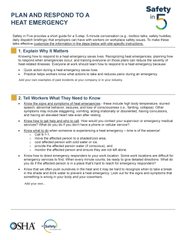 Safety in 5 - Plan and Respond to a Heat Emergency - PDF