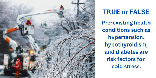 TRUE or FALSE Pre-existing health conditions such as hypertension, hypothryroidism, and diabetes are risk factors for cold stress.