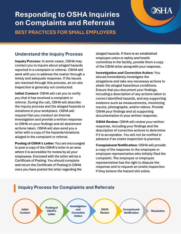 Responding to OSHA Inquiries on Complaints and Referrals: Best Practices for Small Employers - Fact Sheet