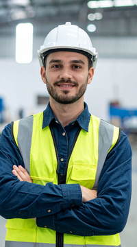 Careers: Warehouse: Factory employee with hard hat