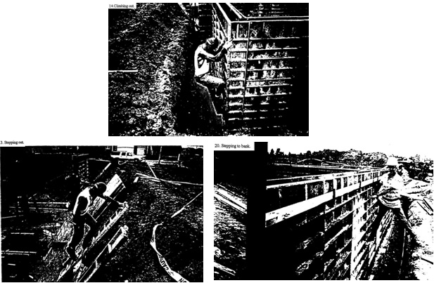Photographs indicating workers using aluminum forms as a means of egress from trench excavations in different manners.