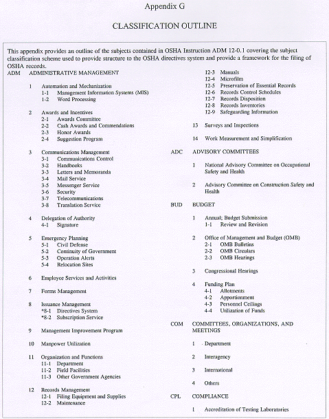 Appendix G CLASSIFICATION OUTLINE