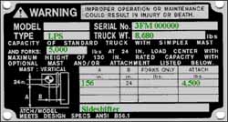 Figure 2. The nameplate indicates that the  capacity of the truck is 4,500 pounds with the sideshifter attachment.