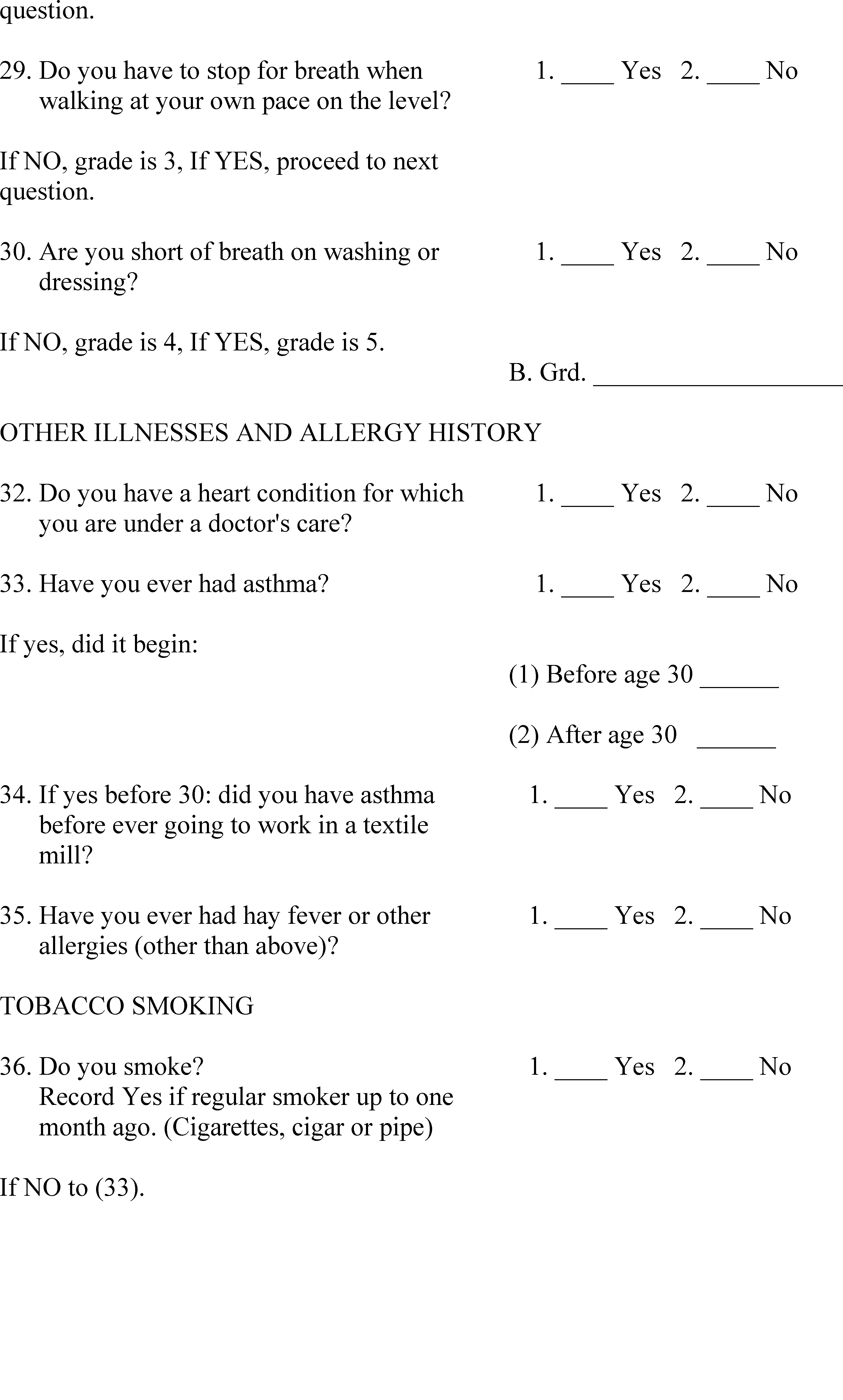 Respiratory Questionnaire for Non-Textile Workers for the Cotton Industry continued