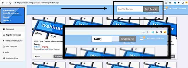 OSHA eLearning course search page with example course number