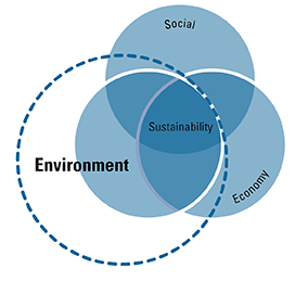 Venn Diagram showing circles for Environment, Social, and Economy coming together as Sustainability