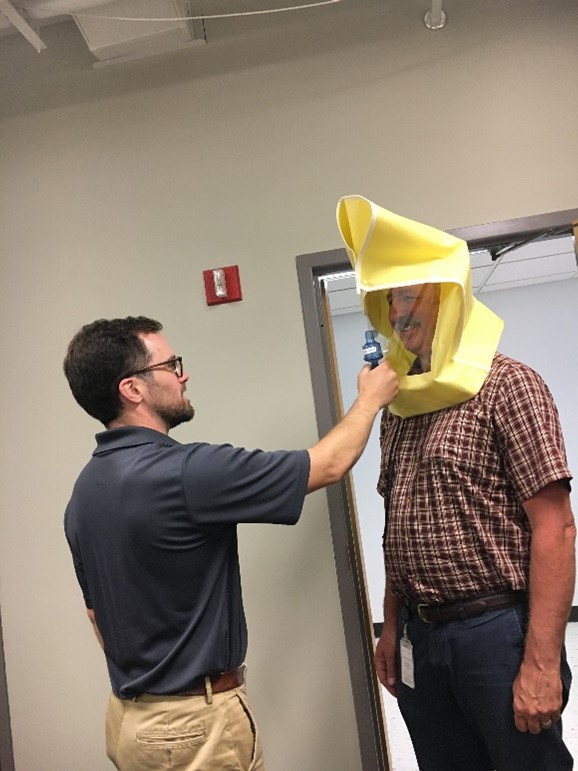 Project WorkSAFE staff administering sensitivity solution during qualitative fit test.