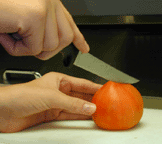 Cut away from the body keeping thumb out of the cutting line