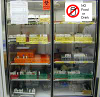Image of refrigerator with 'No Food or Drink' sign