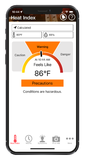 OSHA Heat Safety Tool Screen Capture - shows an example of the Heat Index app where the risk level is displayed as a warning.