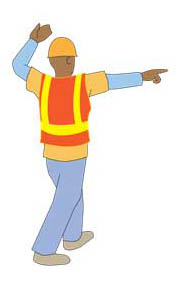 Back, turn right - right arm points right, left arm held over head with hand gesture