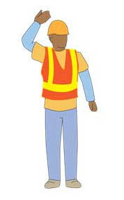 Back up - right arm held over head with hand gesture