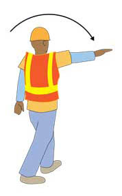 Move forward - right arm moves from up position, down to the ground in an arc