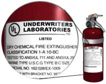 Underwriter's Laboratories and the UL logo, listed, dry chemical fire extinguisher, classification 1-A:10-BC