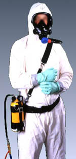 Figure 12: Worker with protective clothing and air-line respirator