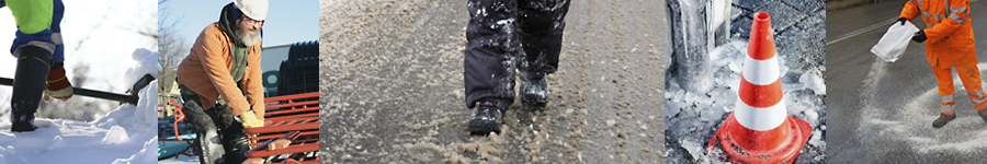 photo collage banner with photos of someone shoveling snow, walking in slush, a cone marking a hazard, a worker spreading deicer