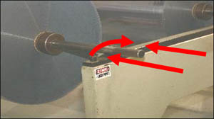 Figure 9. Rotating shaft on unwind stand with arrows indicating nip points.