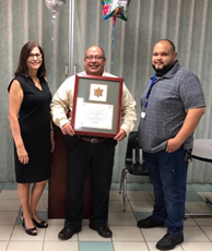 From left to right: Hilda Soto (Simmons Caribbean Bedding, Inc. Controller), Víctor Seda (PR OSHA On-Site Consultation Services consultant in charge of SHARP sites), and Angel Marcelo (Simmons Caribbean Bedding, Inc. Production Supervisor) receiving SHARP designation