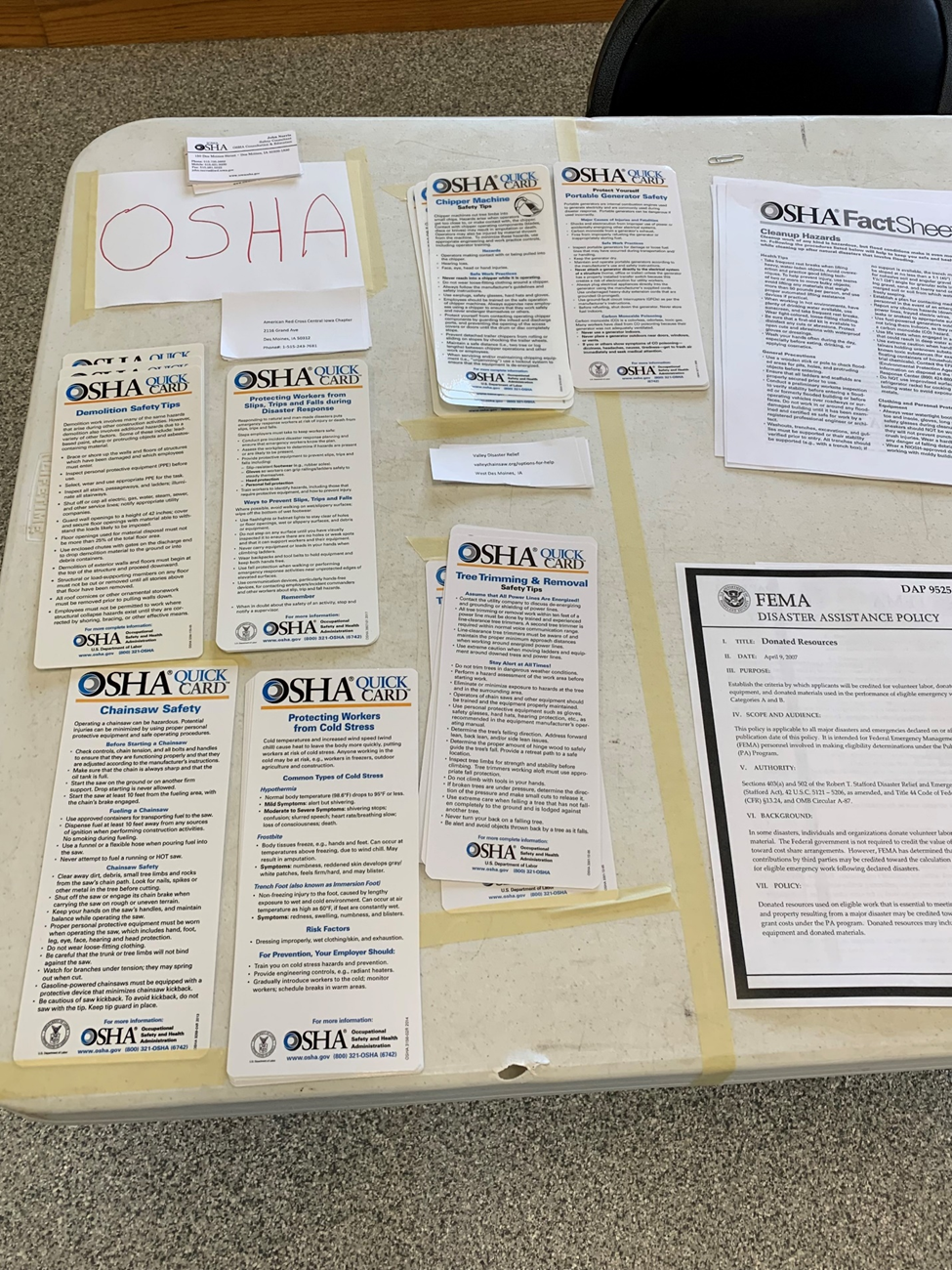 OSHA QuickCards displayed at the Madison County Emergency Managements Group’s volunteer location