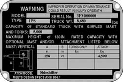 Figure 1. This data label indicates that this forklift has a 156" upright mast height in column A and a 24" load center in column B. Its stated capacity is 5,000 lbs with just its forks. With the sideshifter attachment, its stated capacity is 4,500 pounds. The truck weighs 8,600 pounds.