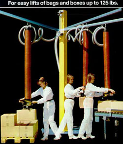 Image of a vacuum lift, with the text: for easy lifts of bags and boxes up to 125 pounds