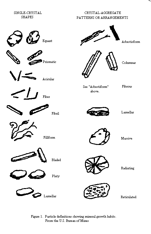 Figure 1. Particle definitions showing mineral growth habits. From the U.S. Bureau of Mines