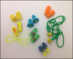 Various types and colors of earplugs.