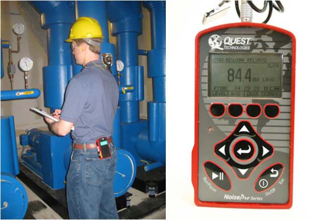 Photographs of a worker taking a reading and a noise dosimeter.