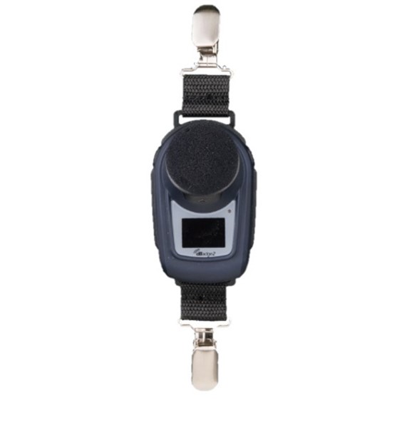 Photographs of a Clip-on Noise Dosimeter.
