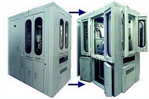 Large equipment enclosure with retracting doors