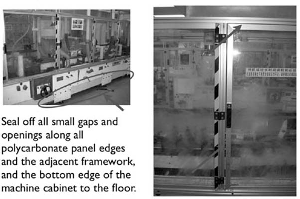 Seal off all small gaps and openings along all polycarbonate panel edges and the adjacent framework, and the bottom edge of the machine cabinet to the floor.