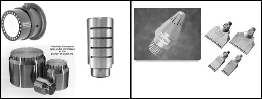 various pneumatic and compressed air systems separated into two categories - air exhaust and service-type.
