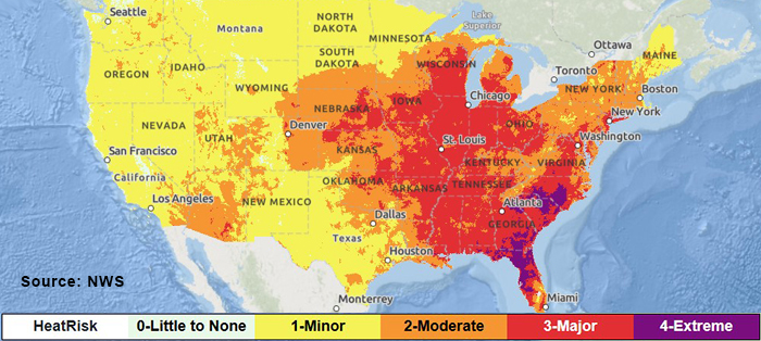 National Weather Service heat risk map for July 28, 2025