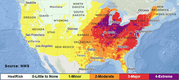 National Weather Service heat risk map for June 23, 2025