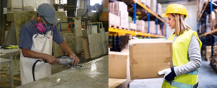 Worker wearing ventilation mask and safety glasses while grinding a countertop, and warehouse worker in high-vis vest and hardhat stacking boxes