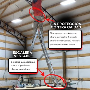 SIN PROTECCIóN CONTRA CAíDAS - Si se encuentra a 4 pies de altura (general) o 6 pies de altura (construcción) necesita protección contra caídas. - ESCALERA INESTABLE - Coloque las escaleras sobre superficies planas y estables.