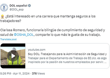 ¿Está interesado en una carrera que mantenga seguros a los trabajadores? Clarissa Romero, funcionaria bilingüe de cumplimiento de seguridad y salud de @OSHA_DOL, comparte lo que más le gusta de su trabajo.