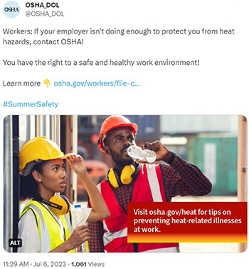 Two workers wearing hardhats stand outside, one drinking from a water bottle. Visit OSHA.gov/heat for tips on preventing heat-related illnesses at work.