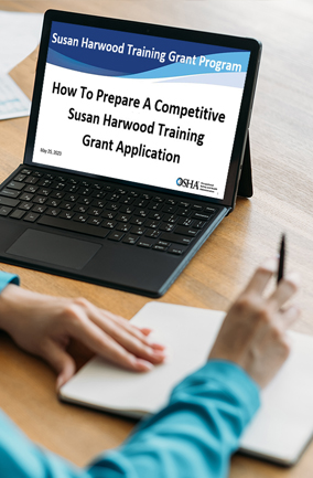 Woman watching the Susan Harwood Training Grant Program webinar on iPad and taking notes