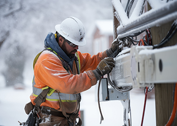Technician working on power cables in the snow