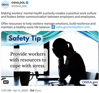 Silhouette of a woman with her head in her hands, sitting in front of an open laptop, mug and glasses. Safety Tip: Provide workers access to coping and resiliency resources.
osha.gov
