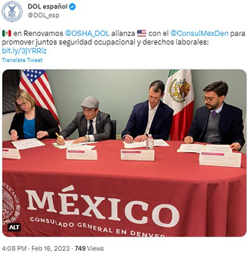 On Feb. 9, 2023, OSHA meeting with Mexico counsel to renew a two-year alliance